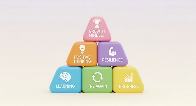 A pyramid of colorful blocks, each representing a positive attribute for personal development and success.