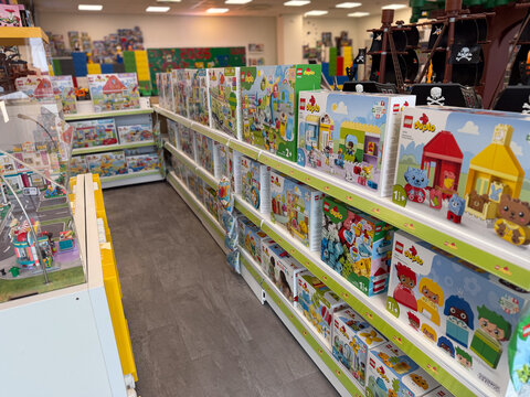 Colorful lego duplo toy store aisle