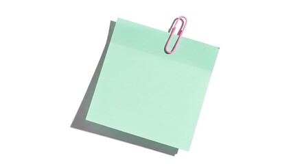 A single light green sticky note is attached to another with a pink paperclip, casting a shadow on a white background.