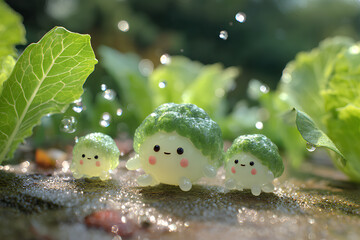 ブロッコリーとキャベツと大根の可愛い野菜の妖精たち
