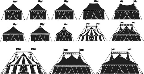 Black circus tent silhouettes set with flags and stripes, carnival marquee vector icons for festival, fair, amusement park and entertainment © Jannatun