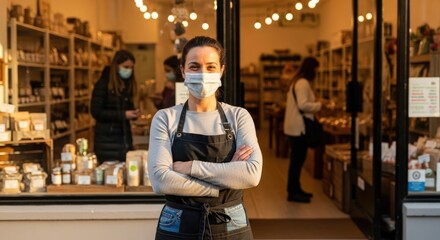 Obraz premium A woman wearing a mask and an apron stands in front of a store with shelves of products.