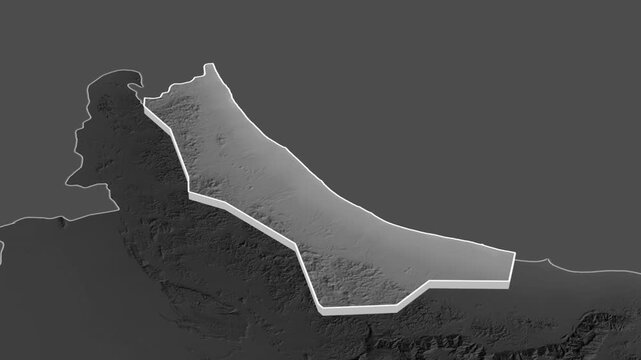 North Batinah region, Oman - topographic administrative division map with extruded borders. Shaded relief elevation map.