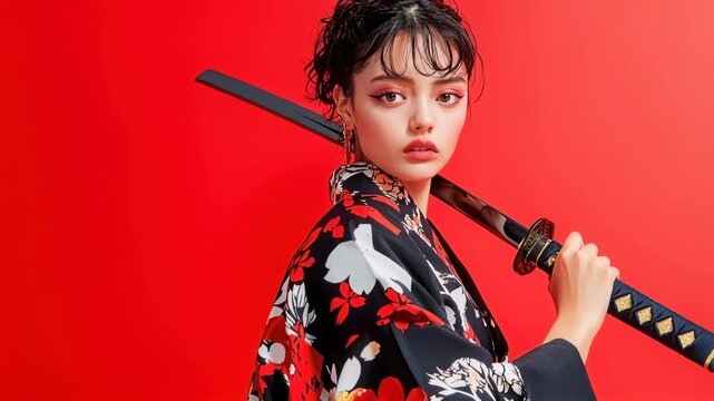 Graceful samurai pose with sword against vibrant red backdrop in elegantly patterned attire