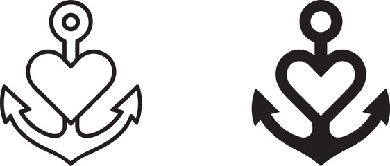 Anchored anchor heart flat black silhouette and outline icon isolated on white background. © Creative World 2.0