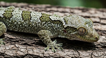 Mossy green gecko with patterned skin camouflaged on tree bark
