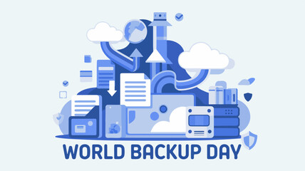 Obraz premium World backup day illustration with blue tones and various computer and data storage icons on a light background