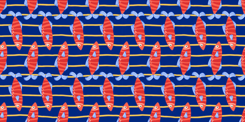 Obraz premium Fish seamless pattern with cute summer children and kawaii underwater aquarium. Reef sea vector with Mediterranean animal fauna and illustration ocean childlike. Coral bg fish with water animals