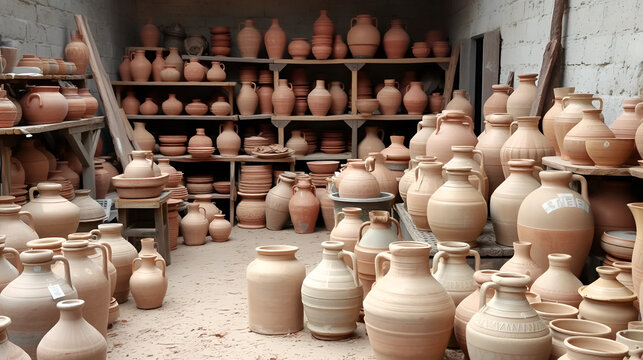 The backyard of a pottery workshop. Wide background consisting of clay pots, stoneware jugs and other handmade unglazed ceramics.