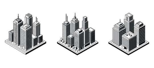 Isometric city neighborhoods featuring clustered high rise buildings