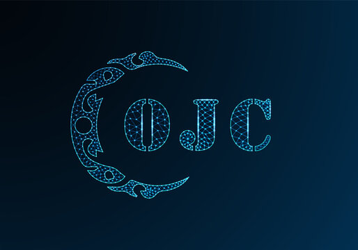 Low poly letter logo OJC design. OJC letter logo low poly vector design on blue color gradient background. OJC logo low poly design