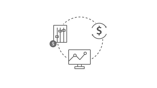 Financial trading and analytics concept with stock charts, dollar exchange, and growth graphs in a circular flow representing investment and profit. 2d animation video 4K resolution alpha channel