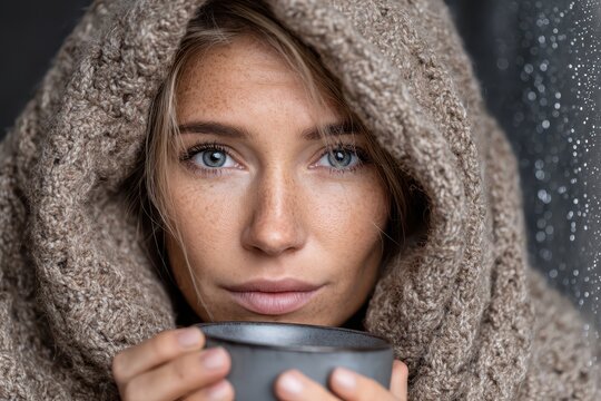 Cozy portrait of a woman with freckles wrapped in a knitted scarf enjoying a warm drink, while looking thoughtfully out a rain-streaked window pane.