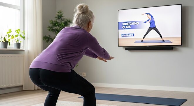 An elderly woman performs a squatting stretch exercise while watching a stretching class on a large television screen. She is wearing purple workout clothes and a yoga mat is placed on the floor.