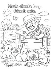 Fototapeta premium coloring book grandpa checking on several rabbits through the fence, small checks keep friends safe