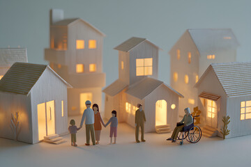 ペーパークラフトで描く暖かい灯りがともる街並み風景
