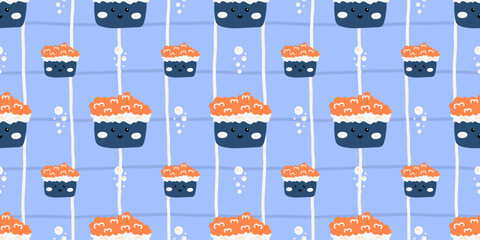 Sushi cute japanese with kawaii pattern food for seamless vector anime. Emoji baby manga bg for print design fish. Funny roll sushi with texture kawaii wasabi for pattern. © alia.kurianova