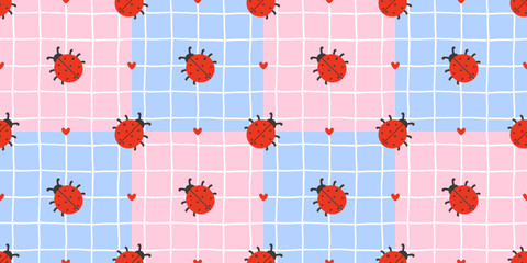 Ladybug pattern gingham with heart summer cute and seamless kawaii pink. Small love check with spring print easter and girl botanical textile. Background kids ladybug with stripe design heart © alia.kurianova