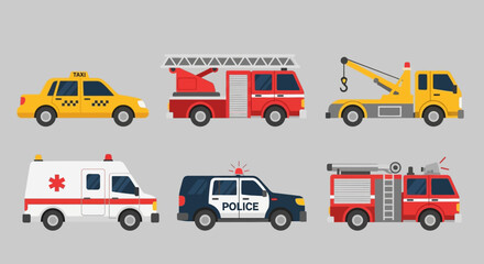 Emergency Vehicles Set Including Ambulance Fire Truck Police Car. © Abhinaya Project