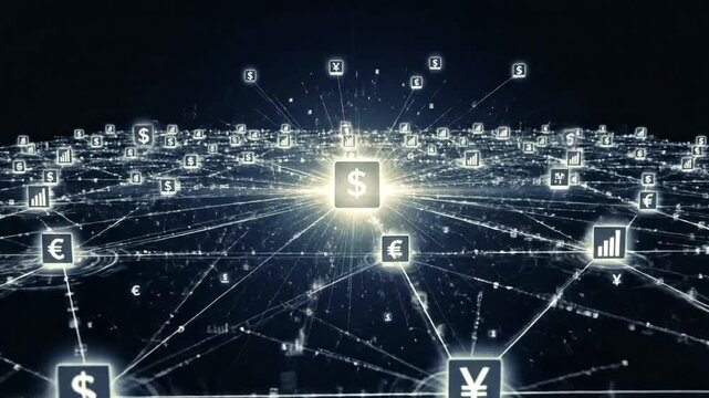 Global currency exchange network with various symbols.