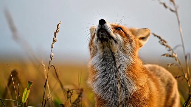 Majestic red fox captured in motion looking upwards through tall golden meadow grasses during sunset video footage