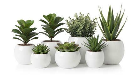 Fototapeta premium A collection of artificial plants sits on a white surface. The plants are arranged in a row, each in a glossy white ceramic pot.