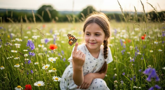 A young girl with braided hair gently holds a colorful butterfly in her hand while sitting in a wildflower meadow. She smiles joyfully at the camera, her eyes sparkling with delight.