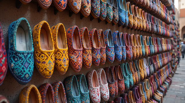 Authentic colorful Moroccan slippers (babouches), displayed on a wall, in the Medina of Marrakech (Marrakesh), Morocco. Camera movement zooming out. Yellow babouches made in Fes (Fez), woven bachouche