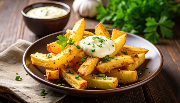 Gourmet potato wedges with sour cream on wooden table.