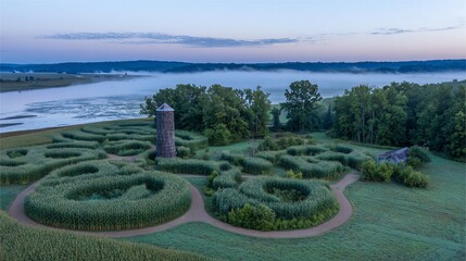 Aerial view of a corn maze with a silo, trees, and fog over a body of water