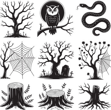 A spooky collection of black silhouette dead trees, an owl, a snake and spiderwebs for Halloween