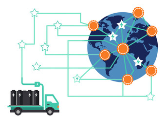 Fototapeta premium A global sustainable battery supply chain illustration connects production to consumers, highlighting a circular economy. Modern, bright, and visually engaging.