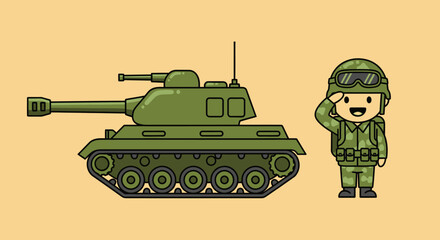 Obraz premium Cartoon soldier saluting next to a tank on yellow background.