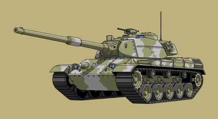 Obraz premium Military tank with camouflage pattern on a solid background.