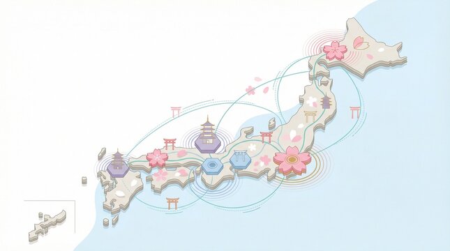 A map of Japan highlighting pilgrimage sites and seichi junrei routes adorned with sakura, influenced by pop culture, showcasing significant locations across the country.