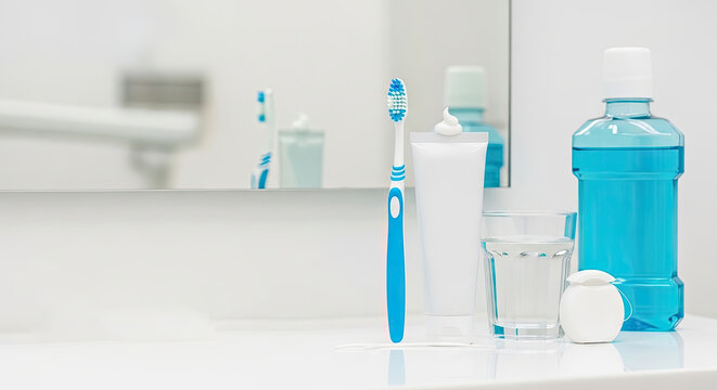 A toothbrush, toothpaste, mouthwash, and dental floss are arranged on a white bathroom sink. A mirror reflects the items and a faucet.