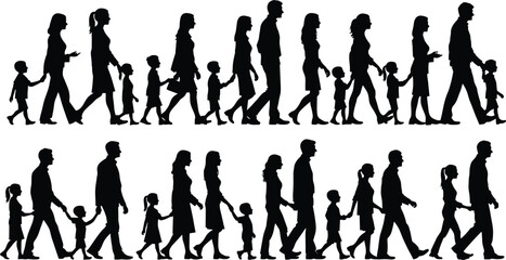 Fototapeta premium Black silhouettes of families and people walking in a row together, parents holding hands with children, community group vector illustration