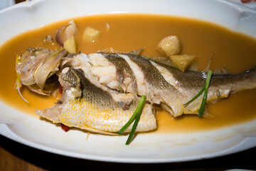 Steamed yellow croaker with ginger slices and green onions served in a white porcelain dish © zhu difeng