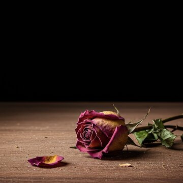 Dried and decaying rose isolated on a stark, dusty wooden surface, representing the finality of singleness and lost connections ,alone ,finality ,vintage