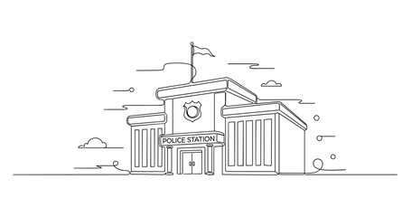 Obraz premium Police station building front facade in urban line drawing. No editable stroke