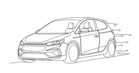 Compact hatchback car driving quickly along open roadway. No editable stroke
