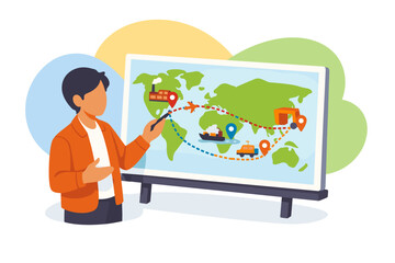 Man presenting world map with travel route and icons.