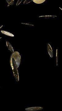 Many Golden Coins Falling Down - isolated on Black Background - 3d 4k Vertical Animation (2160 x 3840px)