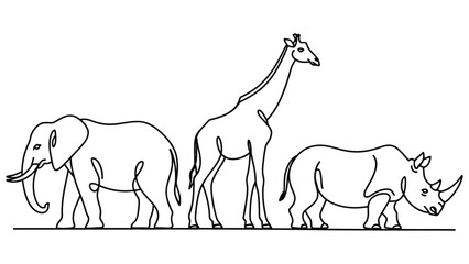 minimal line art illustration of elephant giraffe and rhinoceros wildlife animals continuous line drawing simple outline vector safari nature concept © Mushtaq