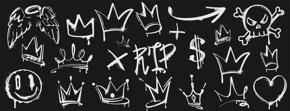 Hand drawn graffiti crown doodle set with street art symbols, skull, wings, arrows, and hip hop elements. Grunge sketch style illustration for urban design, streetwear graphics, posters, and youth cul
