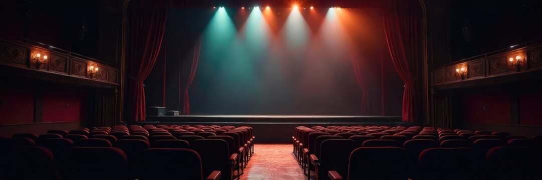 A dimly lit theater stage, empty chairs, a lone spotlight illuminating dust motes in the air, evoking a sense of forgotten performances and melancholic beauty , atmosphere, empty