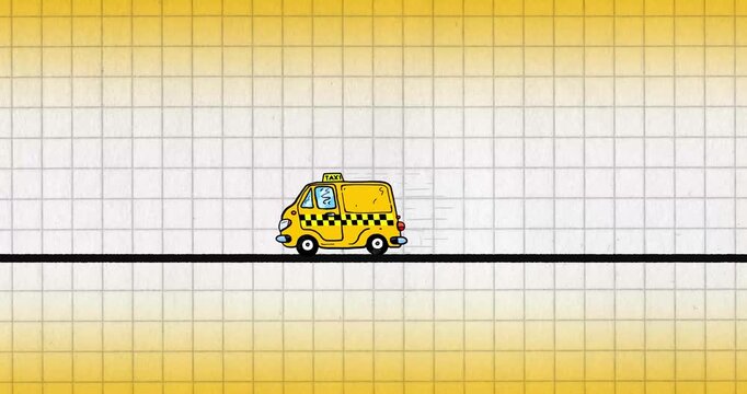 Taxi bus services car cartoon animation on grid. Fast driving car with fat drawing line exercise book page seamless loop.