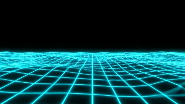 Glowing blue grid pattern on dark background with futuristic perspective.