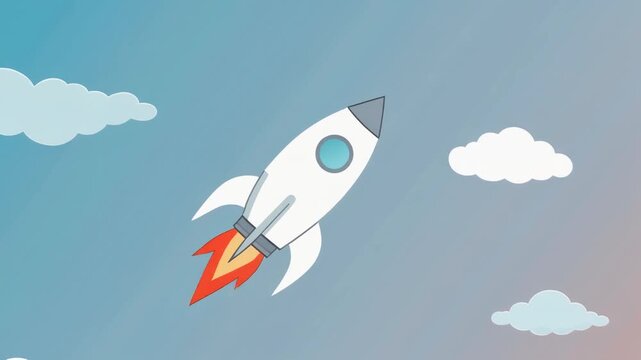 White cartoon rocket ship soaring through the blue sky with clouds.