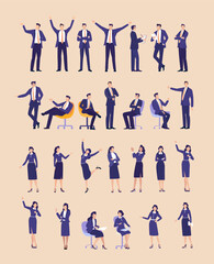 Vector illustration set of businessman and businesswoman in various poses, representing professional roles, communication, leadership, presentation, teamwork, confidence, and modern corporate lifestyl